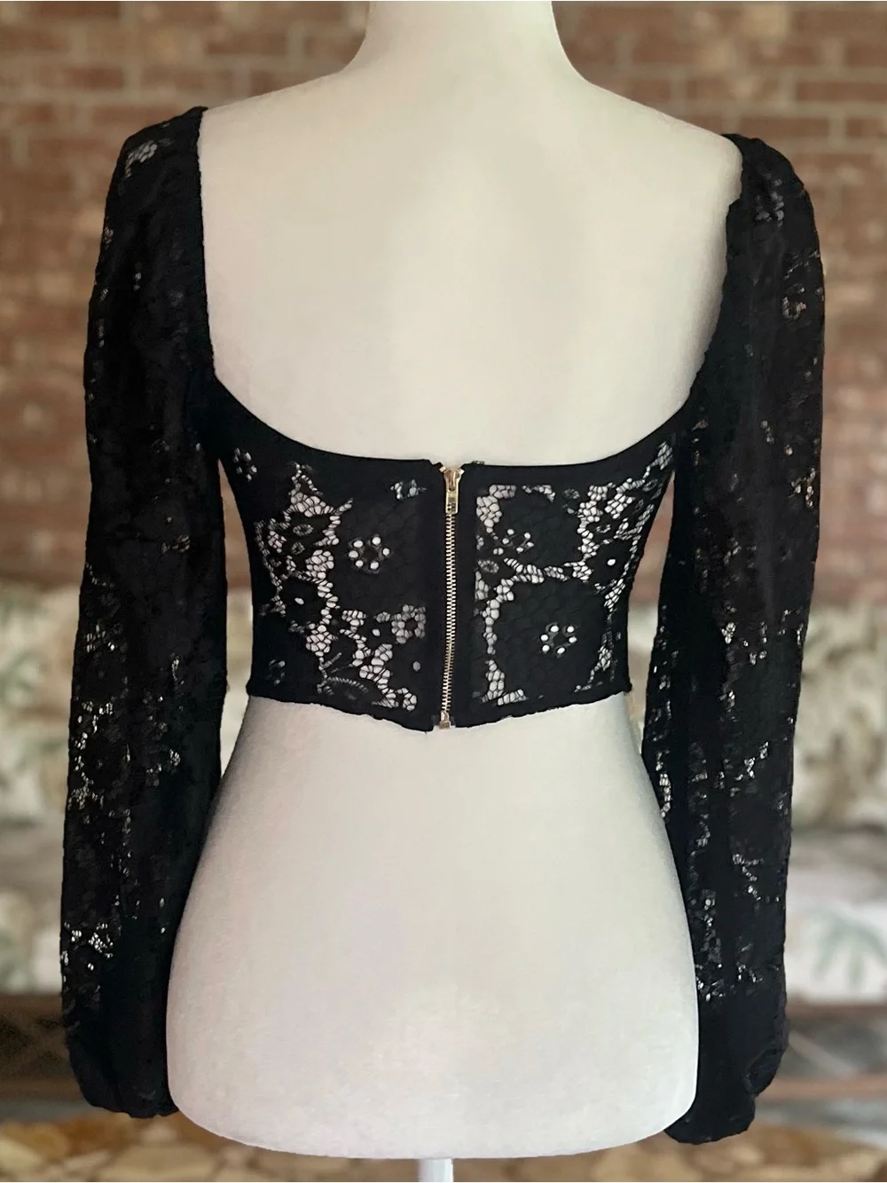 Lush Black Bustier Crop Top Lace Corset Balloon Sleeve NWOT S Cocktail Chic - Picture 11 of 17